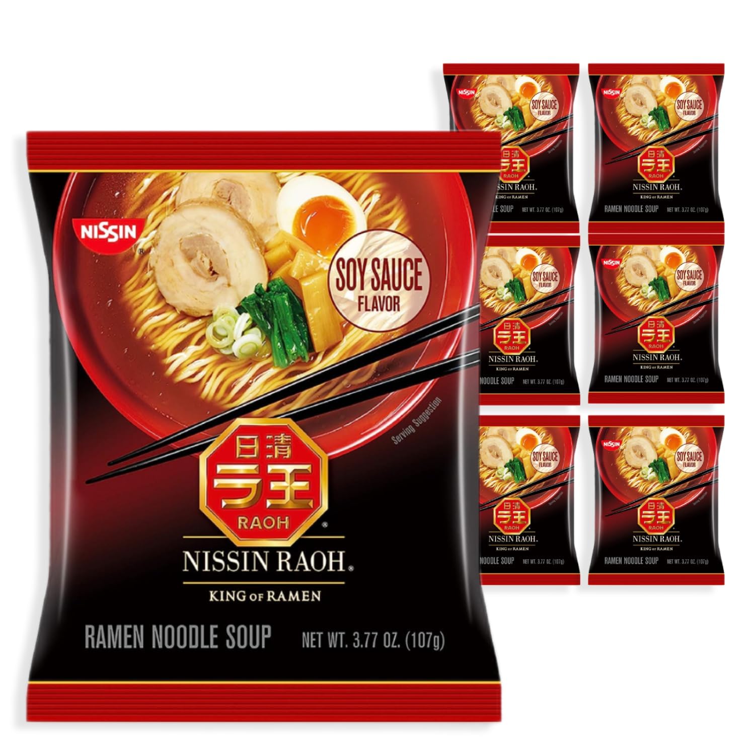 NISSIN RAOH front packaging showing premium soy sauce ramen — clear product branding and appeal