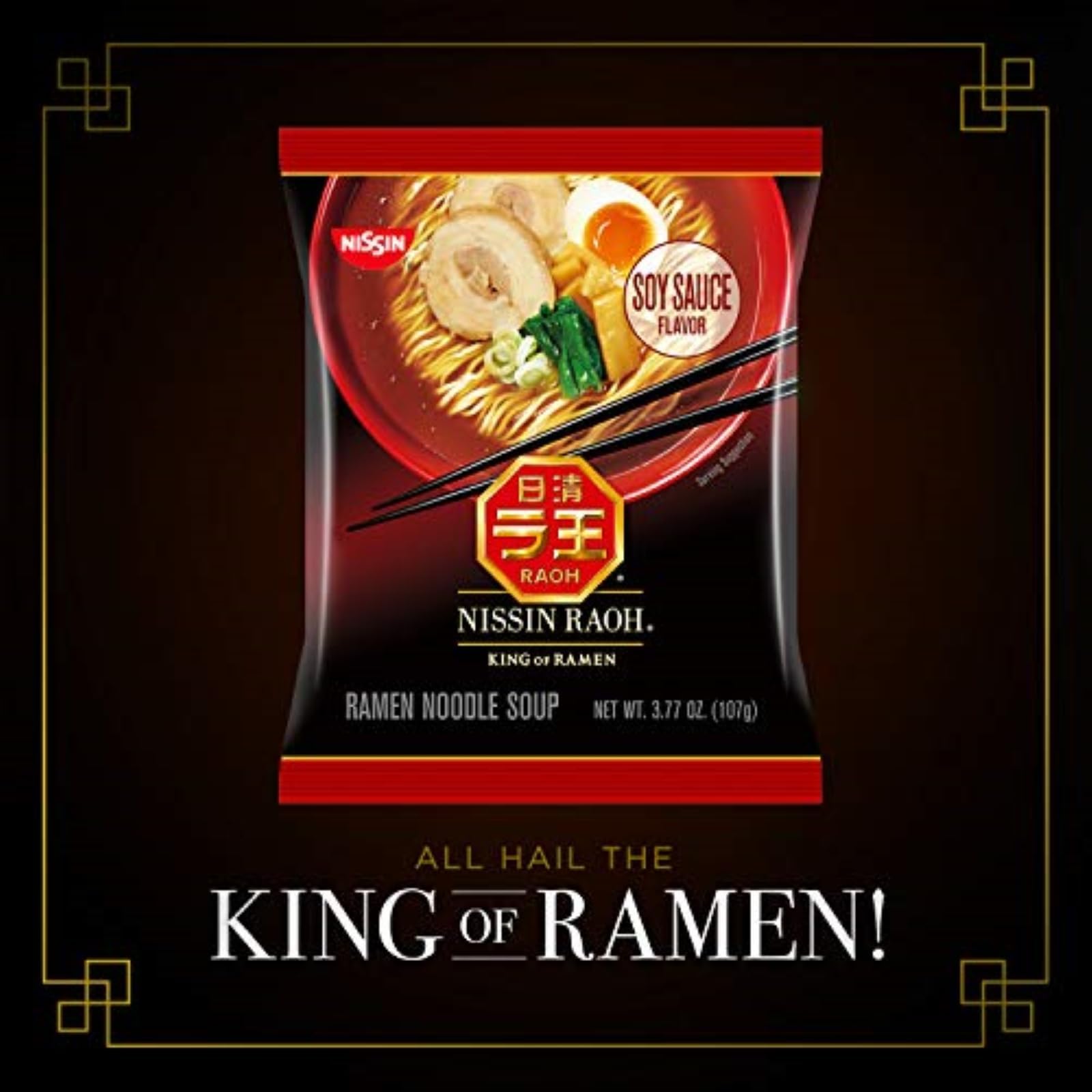 NISSIN RAOH pack held in hand to show size — convenient single-serve, travel-friendly