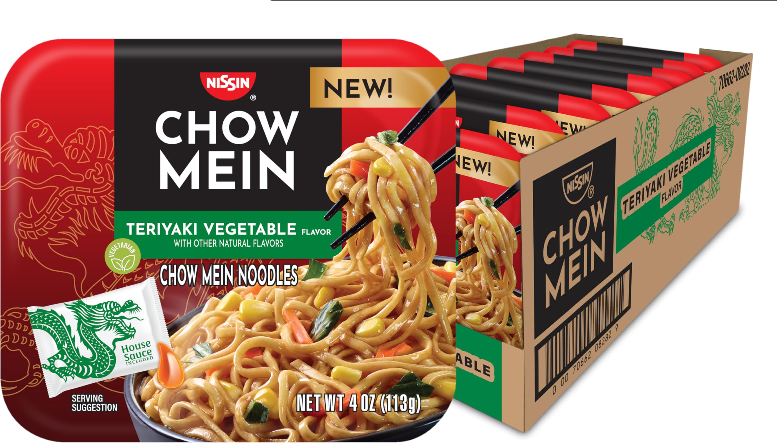 NISSIN front packaging showing teriyaki vegetable cups and easy grab convenience