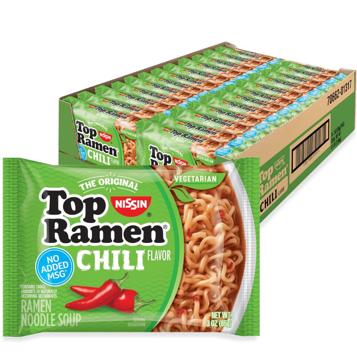 NISSIN front packaging showing chili flavor and pack of 24 convenience