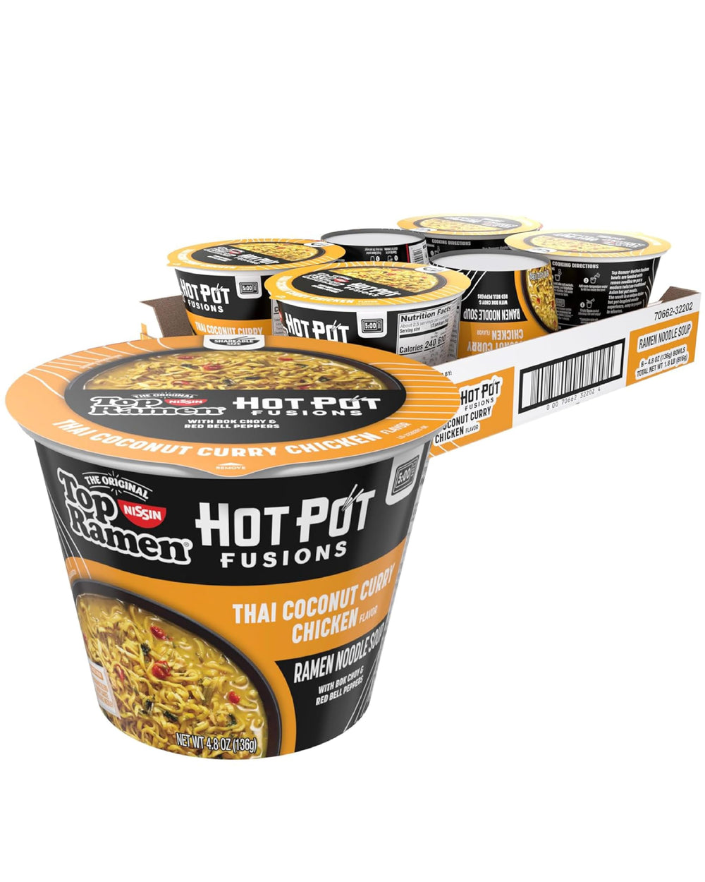NISSIN Top Ramen front packaging showing Thai coconut curry chicken bowl, clear benefit convenience