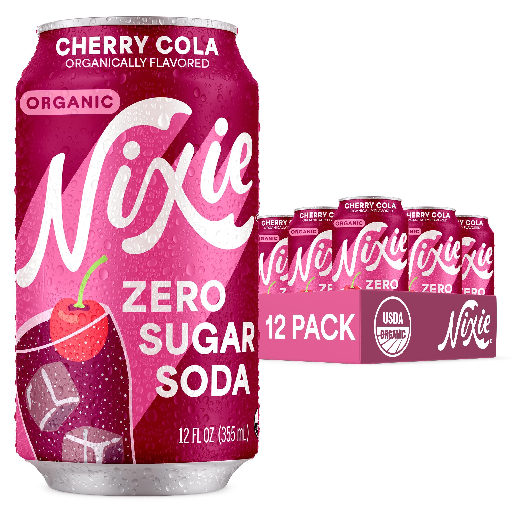 Nixie can front packaging showing cherry cola flavor and organic badge for trust