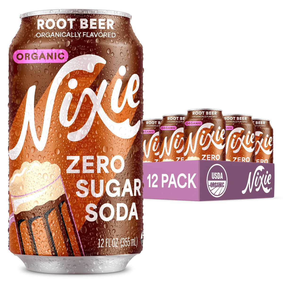 Nixie root beer front packaging showing organic label and zero sugar benefit