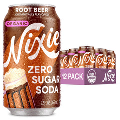 Nixie root beer front packaging showing organic label and zero sugar benefit