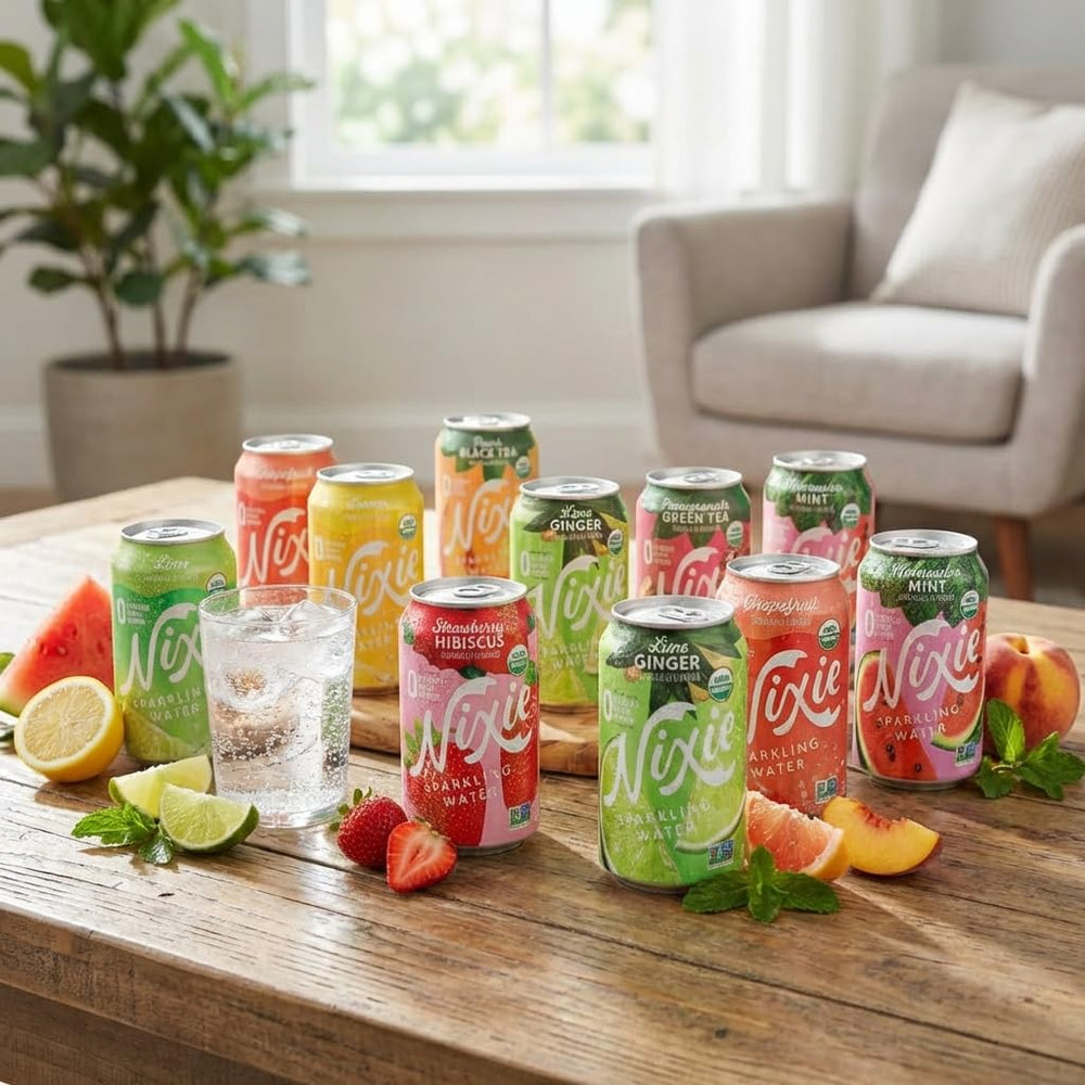 Nixie single can close-up highlighting vibrant label and real ingredient appeal
