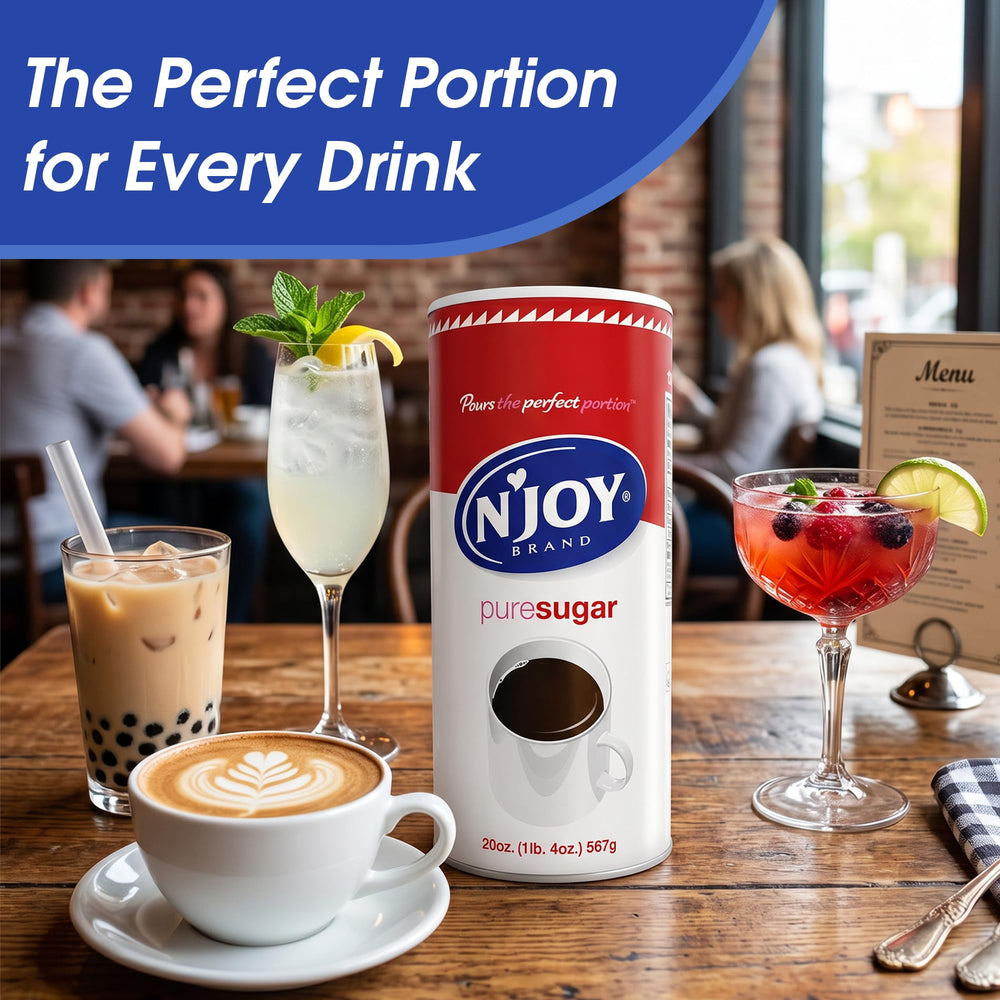 N'Joy open canister revealing granulated sugar and freshness benefit