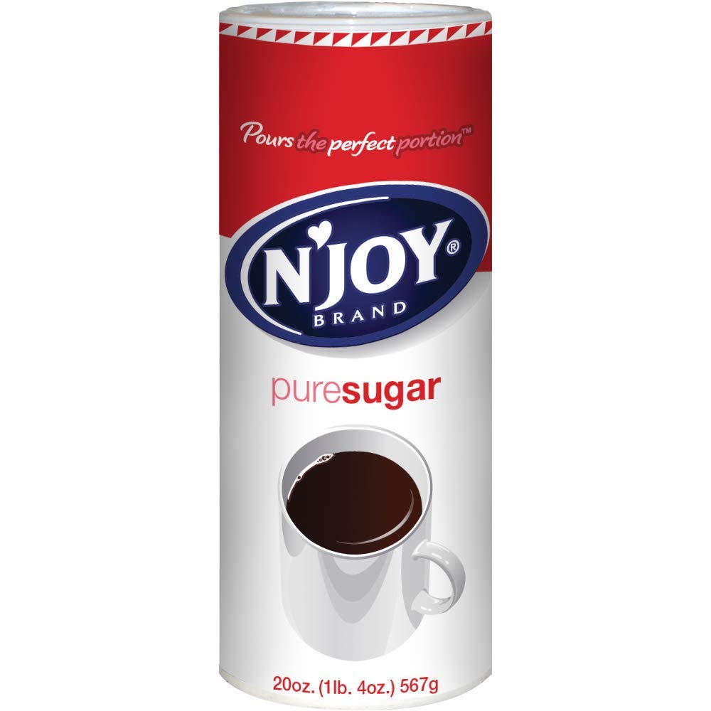 N'Joy canister beside coffee mug for quick sweetening benefit
