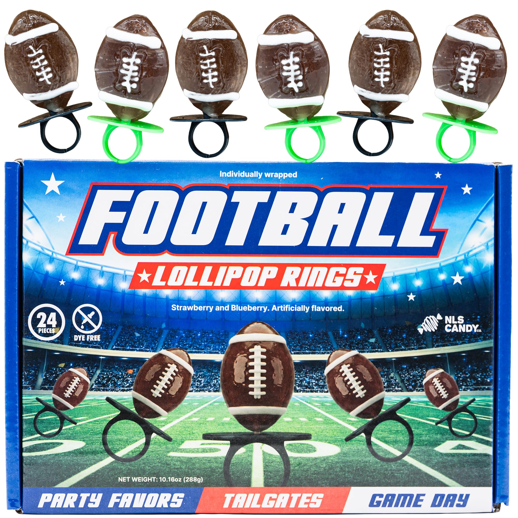 NLS Candy Co. front packaging showing 24-count football lollipop rings for easy party setup