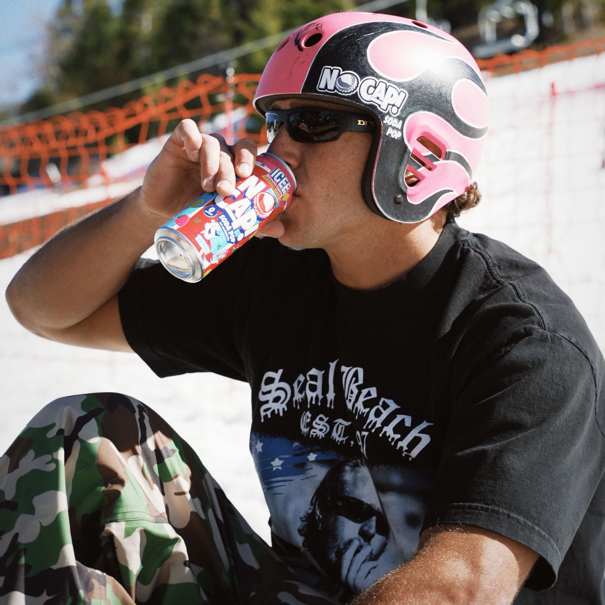 NO CAP! cans served beside a casual meal illustrating family-friendly, no-caffeine enjoyment
