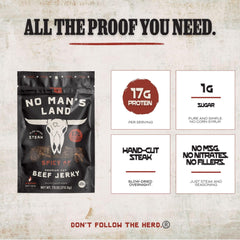 No Mans Land close-up of jerky strips highlighting hand-cut beef texture and flavor