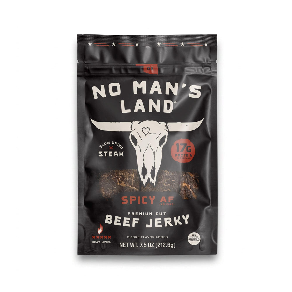 No Mans Land front packaging showing Spicy AF bag and branding benefit bold heat