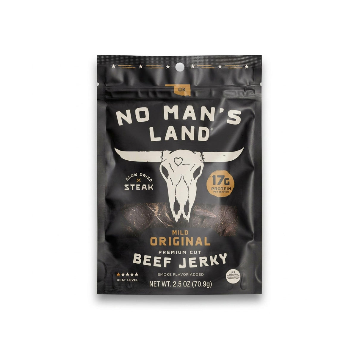 No Mans Land front packaging mild shows clean label and portable snack benefit