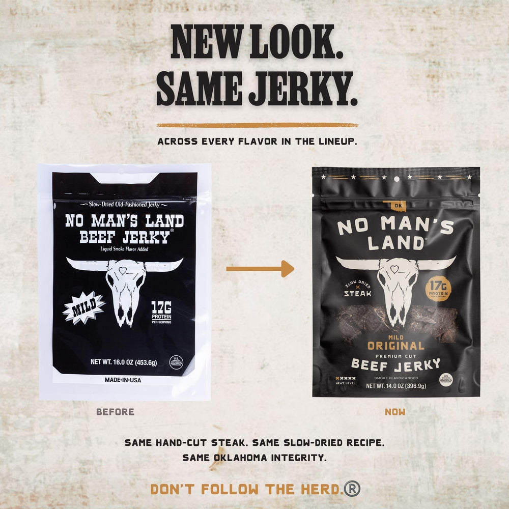 No Mans Land jerky held in hand to show portion size and portable high-protein snack