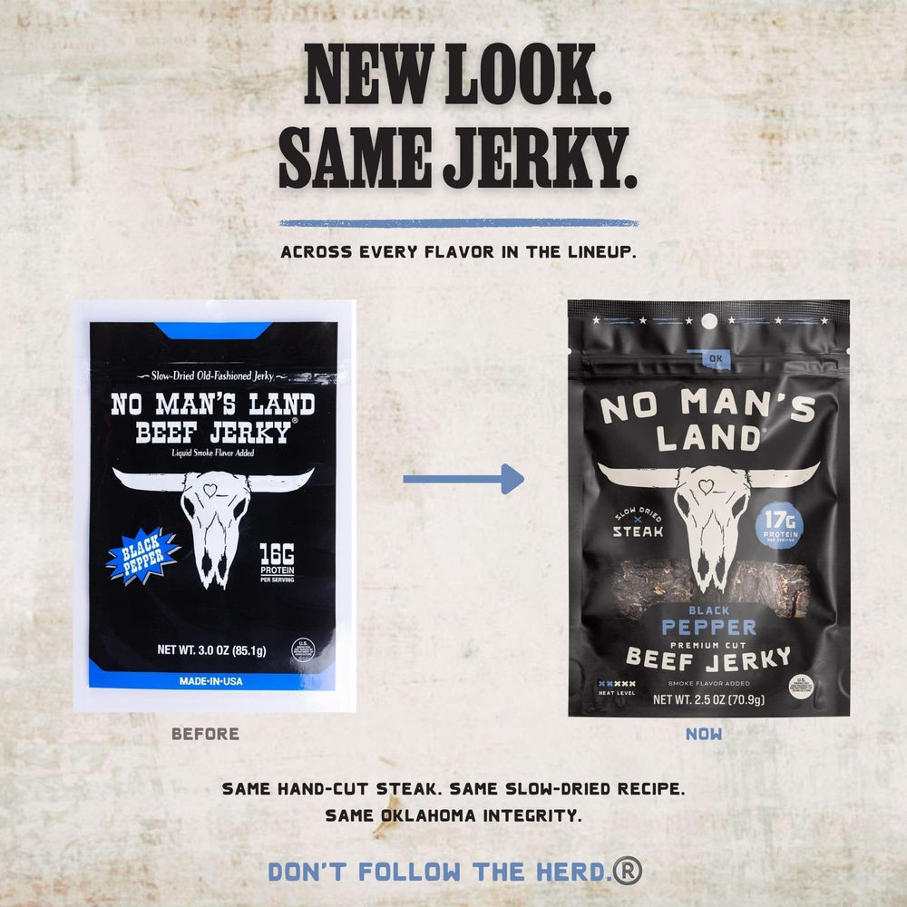 No Mans Land jerky held in hand to show portion size and on-the-go convenience