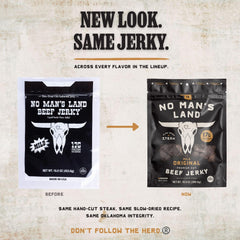 No Mans Land jerky held in hand to show portion size and portable high-protein snack