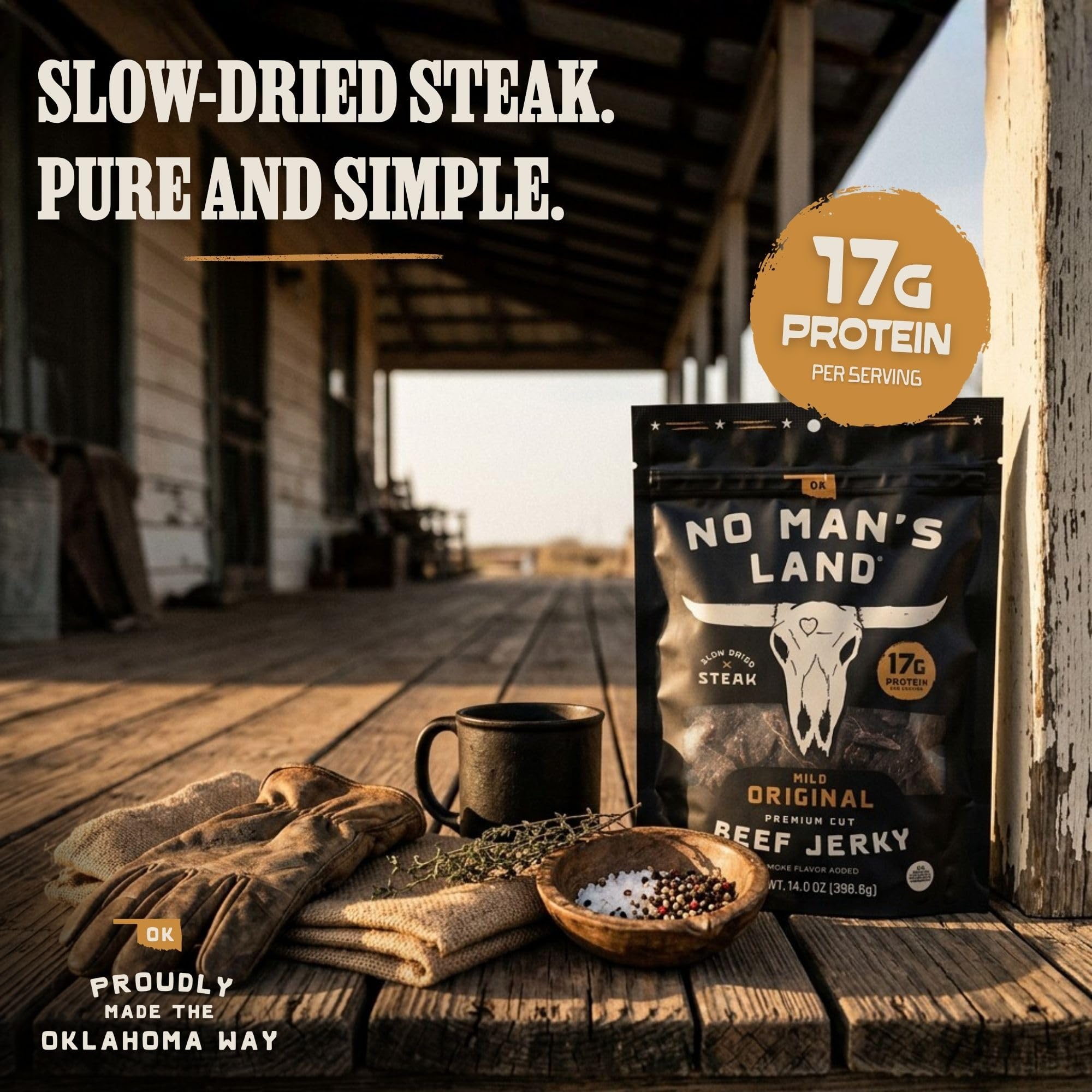 No Mans Land jerky in hiking backpack shows convenient on-the-go protein