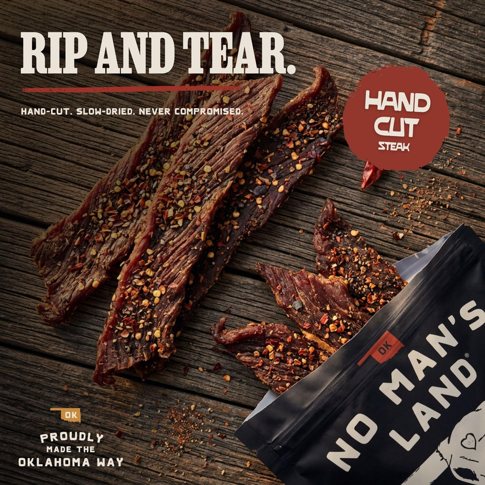No Mans Land jerky in hiker's pack illustrating on-the-go protein snack benefit