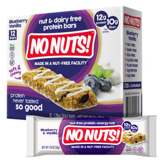 No Nuts! front packaging showing blueberry and vanilla flavor and nut-free benefit