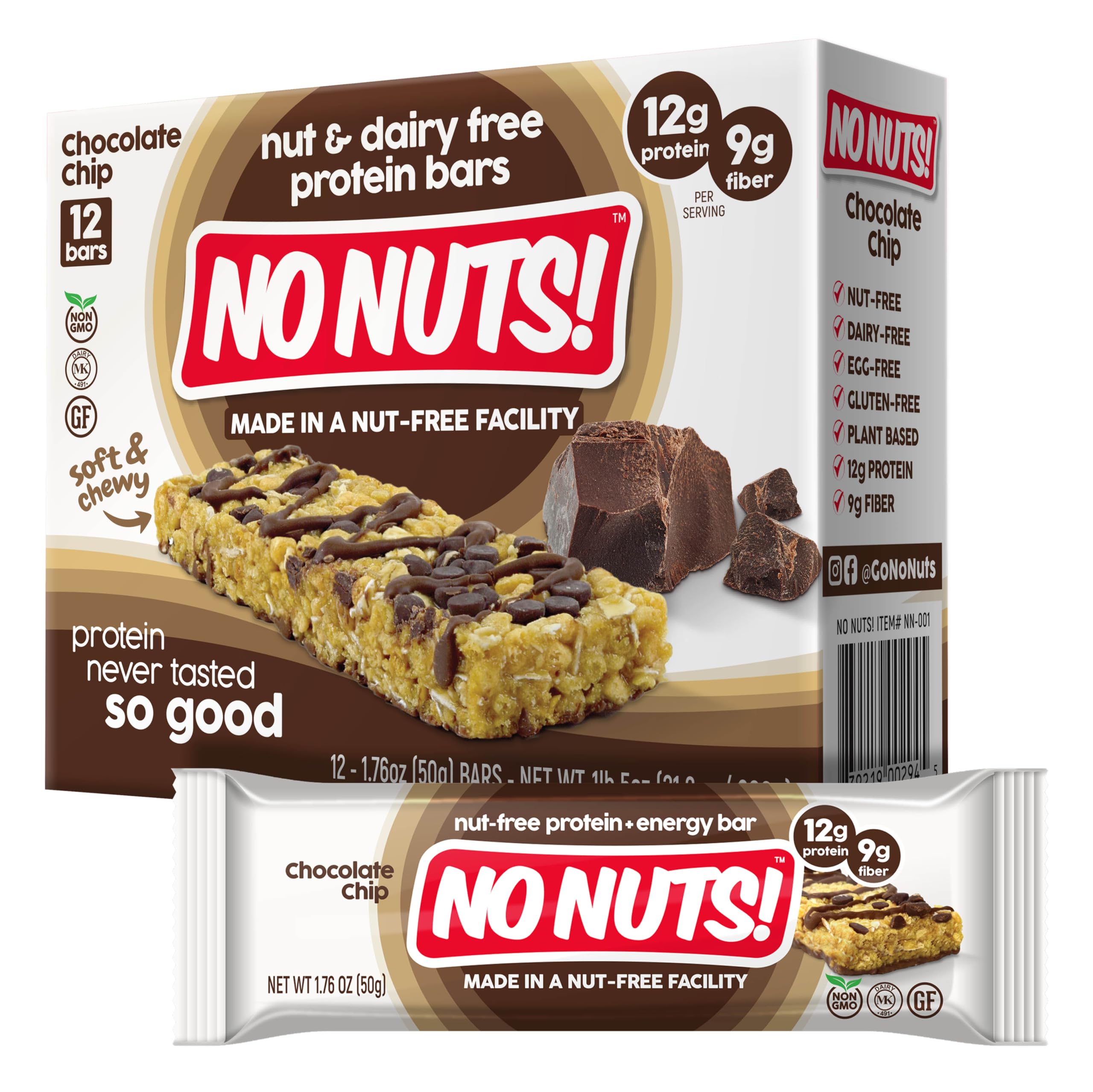 No Nuts! front packaging showing chocolate chip flavor and nut-free advantage