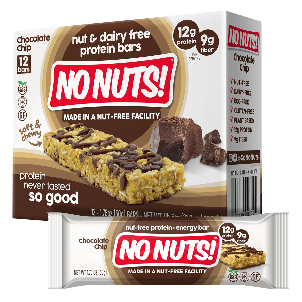 No Nuts! front packaging showing chocolate chip flavor and nut-free advantage