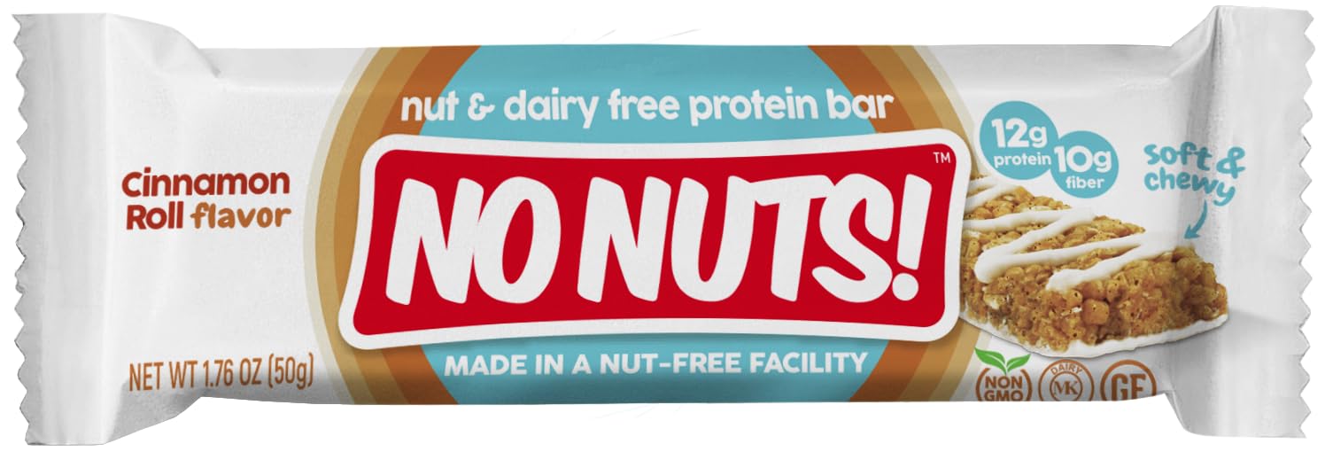 No Nuts! unwrapped cinnamon roll protein bar with soft, chewy texture benefit