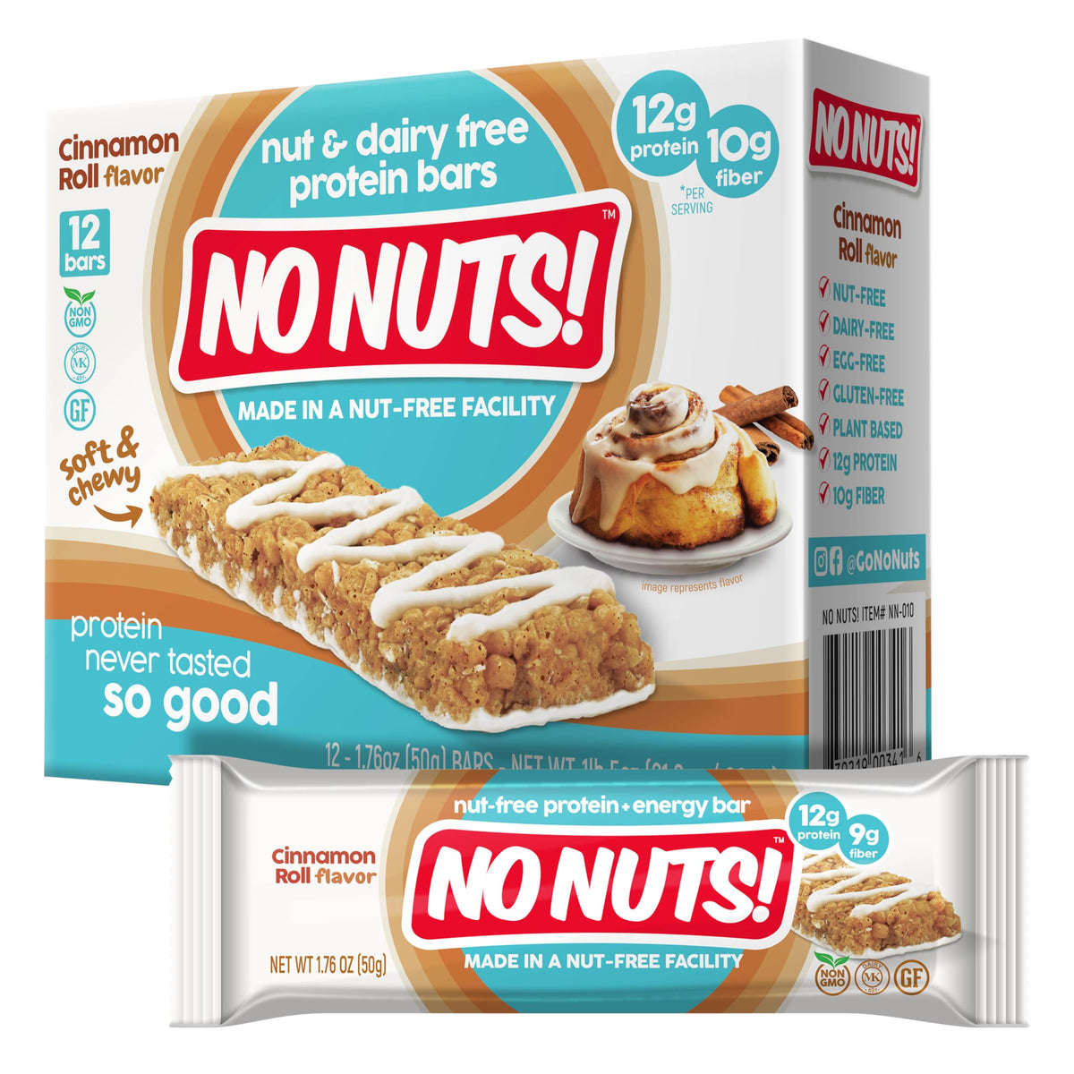 No Nuts! front packaging showing cinnamon roll flavor and nut-free assurance
