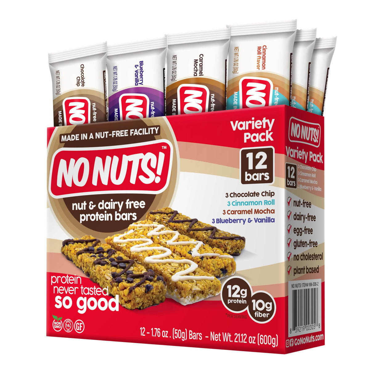 No Nuts! front packaging showing 12-count variety and nut-free badge for safe snacking