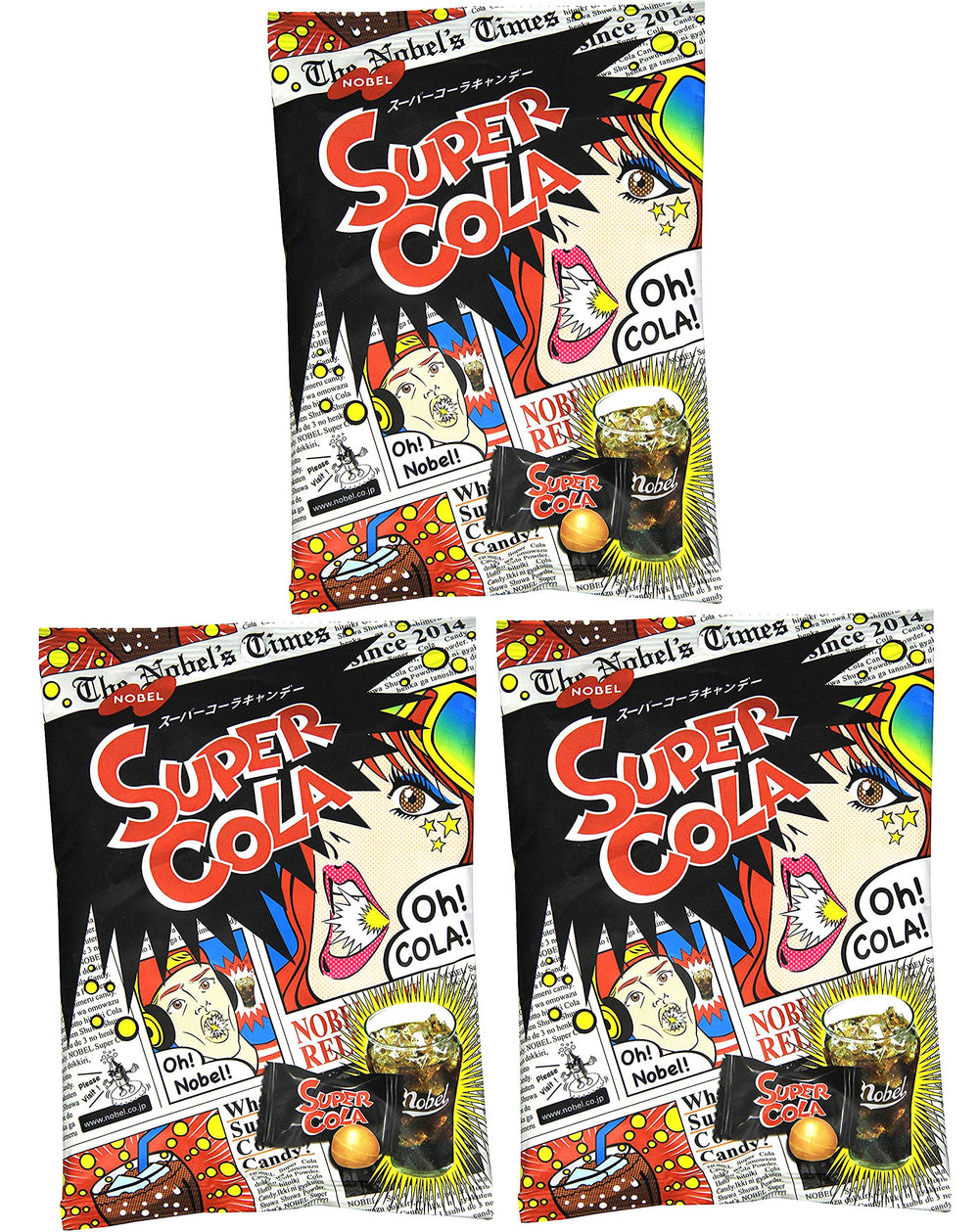 ノーベル Nobel front packaging showing three 3.1oz bags and bright Pop‑Art design for eye-catching appeal