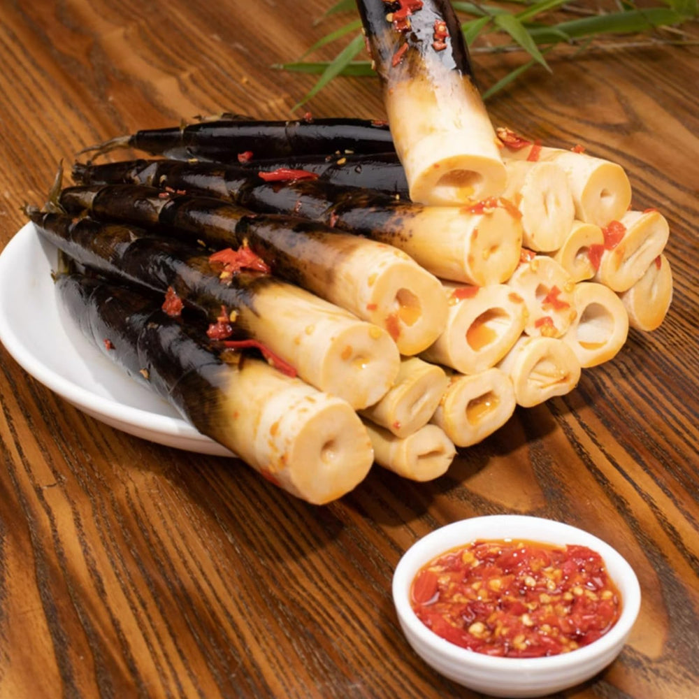 Noble Createaprototype open pack close-up displaying peeled bamboo shoots ready-to-eat, instant snack benefit