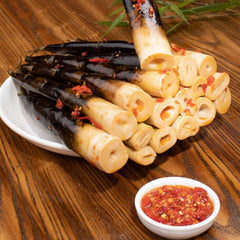 Noble Createaprototype open pack close-up displaying peeled bamboo shoots ready-to-eat, instant snack benefit