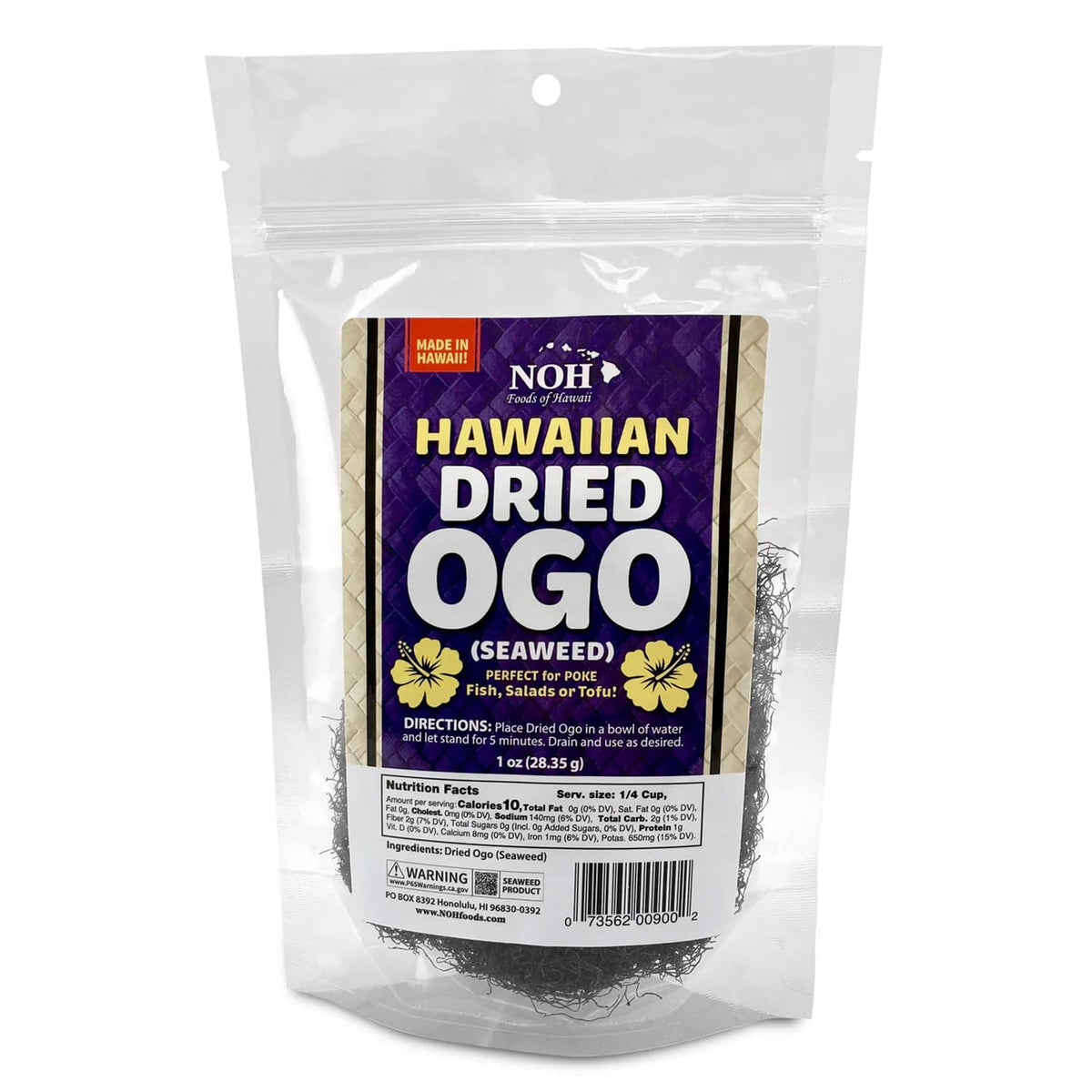 NOH Foods front packaging showing 1 oz dried ogo, convenient pantry staple