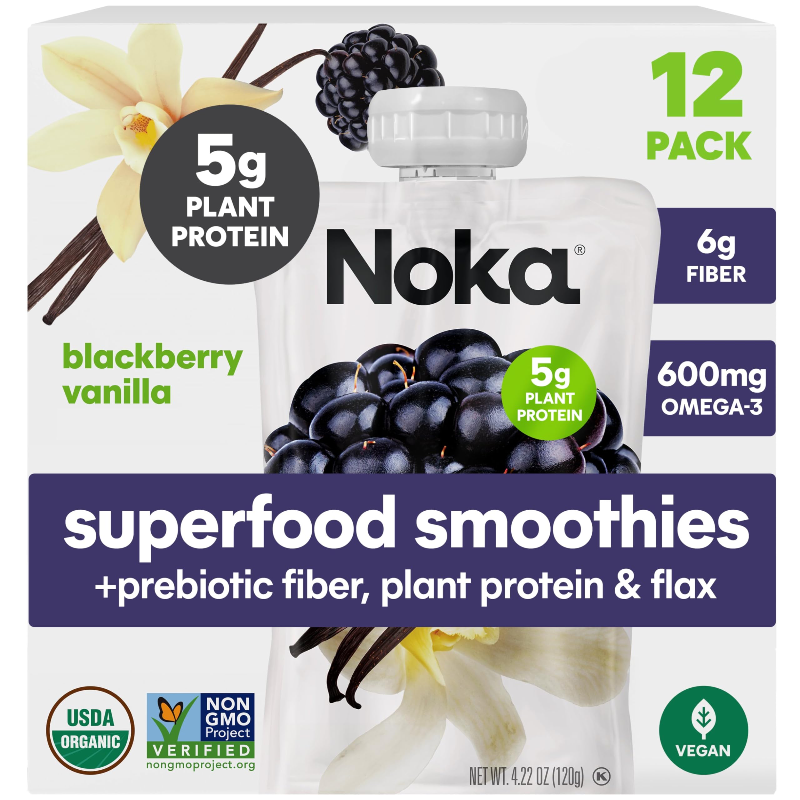 NOKA front packaging showing blackberry vanilla pouch and 12-pack convenience