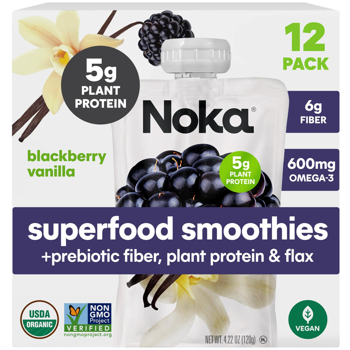 NOKA front packaging showing blackberry vanilla pouch and 12-pack convenience
