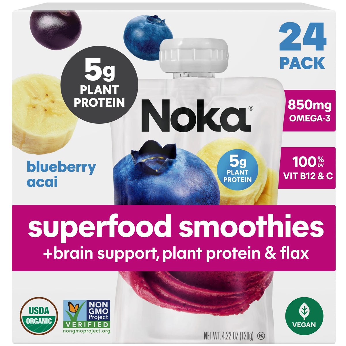 NOKA front packaging showing blueberry acai pouches and benefits