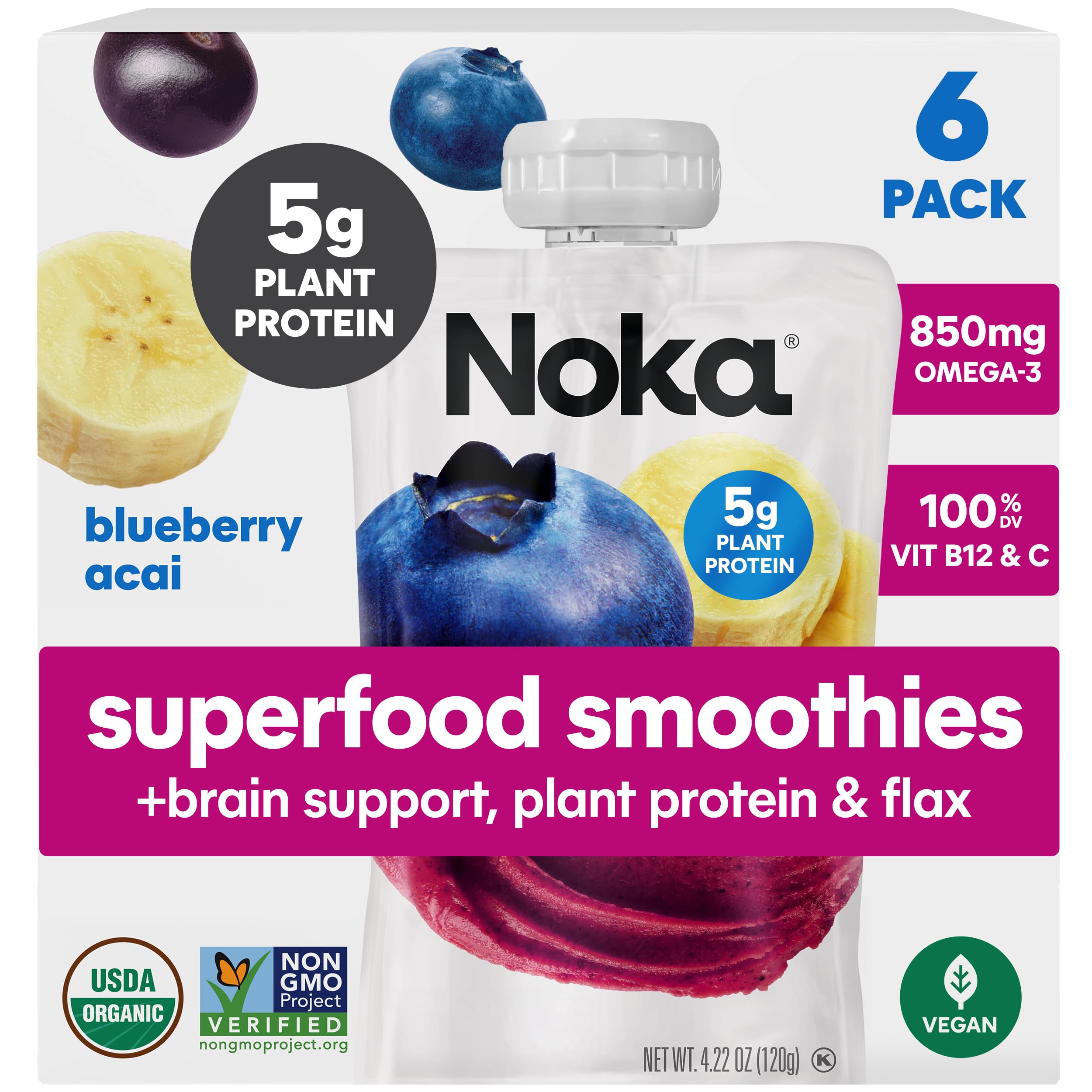 NOKA front packaging showing blueberry acai pouches and benefits