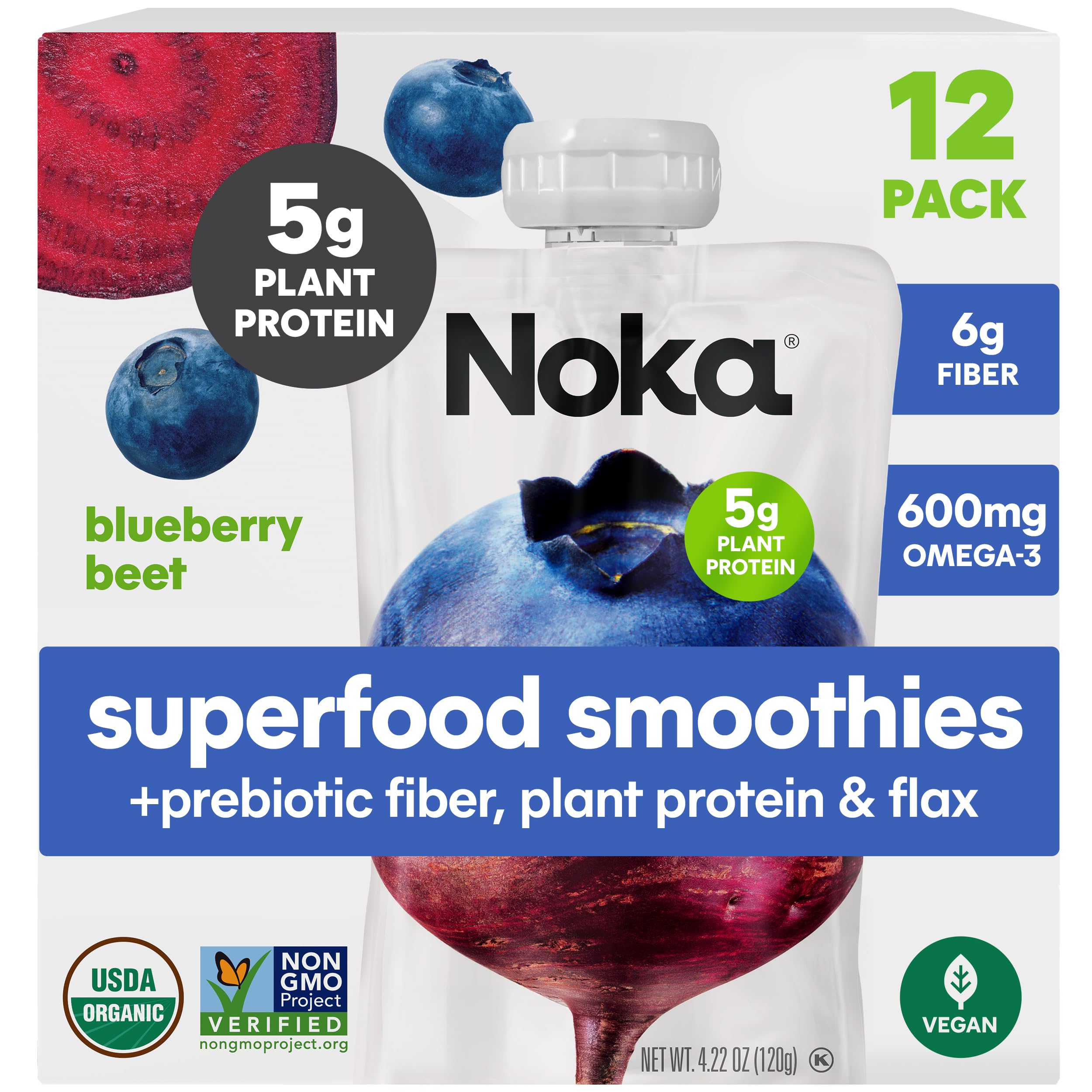 NOKA front packaging showing 12 organic blueberry beet pouches for easy snacking