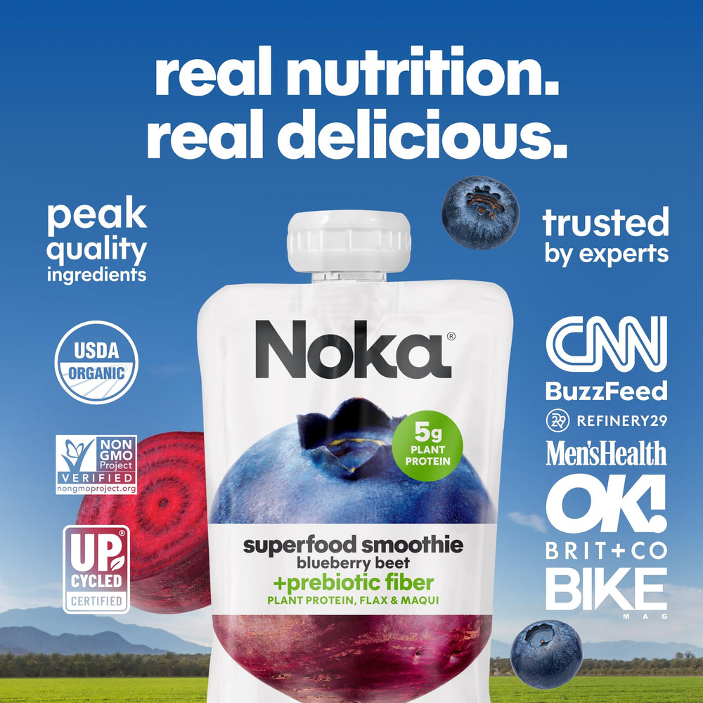 NOKA nutrition facts label close-up displaying plant protein and prebiotic fiber content