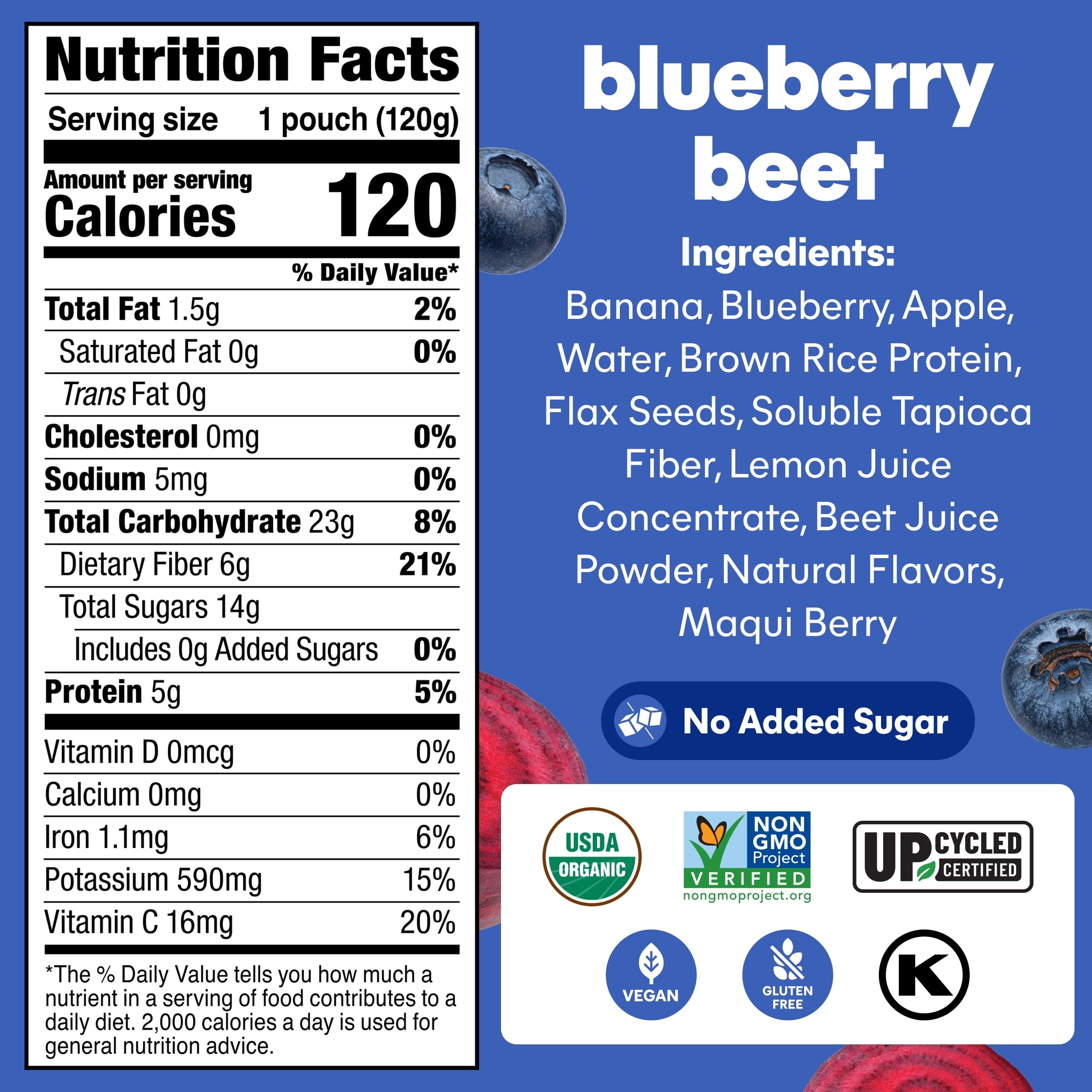 NOKA pouch close-up illustrating smooth texture and bright blueberry-beet color