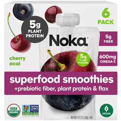 NOKA front packaging showing six Cherry Acai pouches, convenient snack