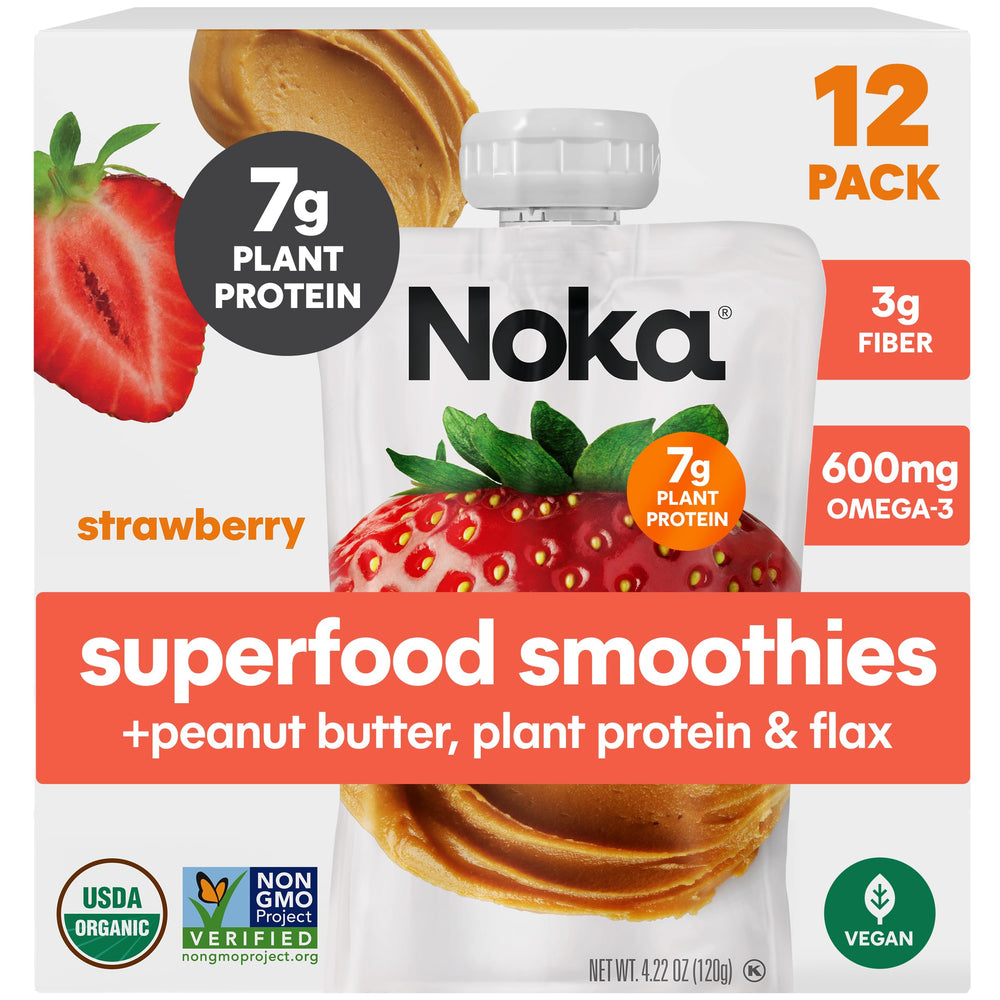 NOKA front pack showing organic strawberry peanut butter and benefits