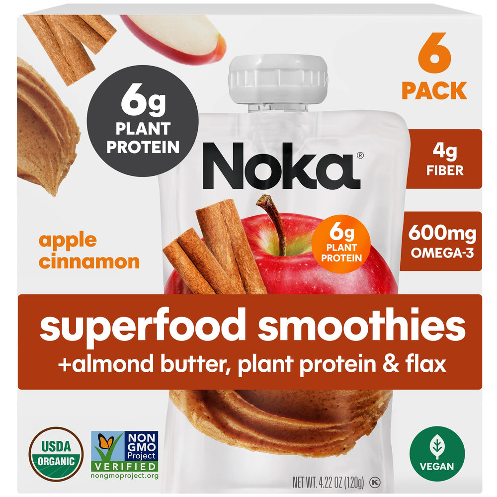 NOKA front packaging showing apple cinnamon almond butter flavor and organic benefit