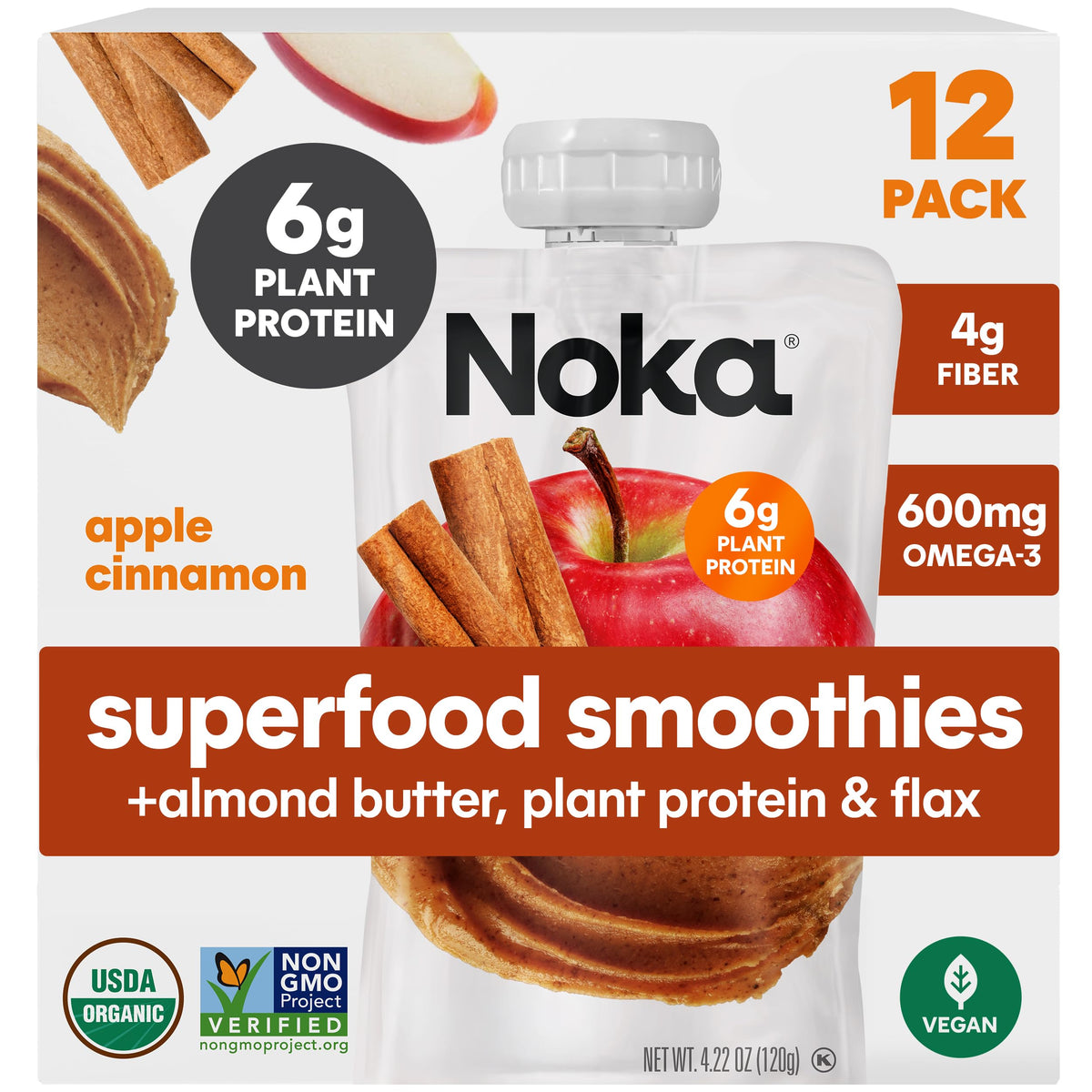NOKA front packaging showing apple cinnamon almond flavor and convenience