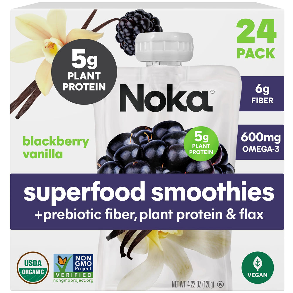 NOKA front packaging showing blackberry vanilla pouch and benefits
