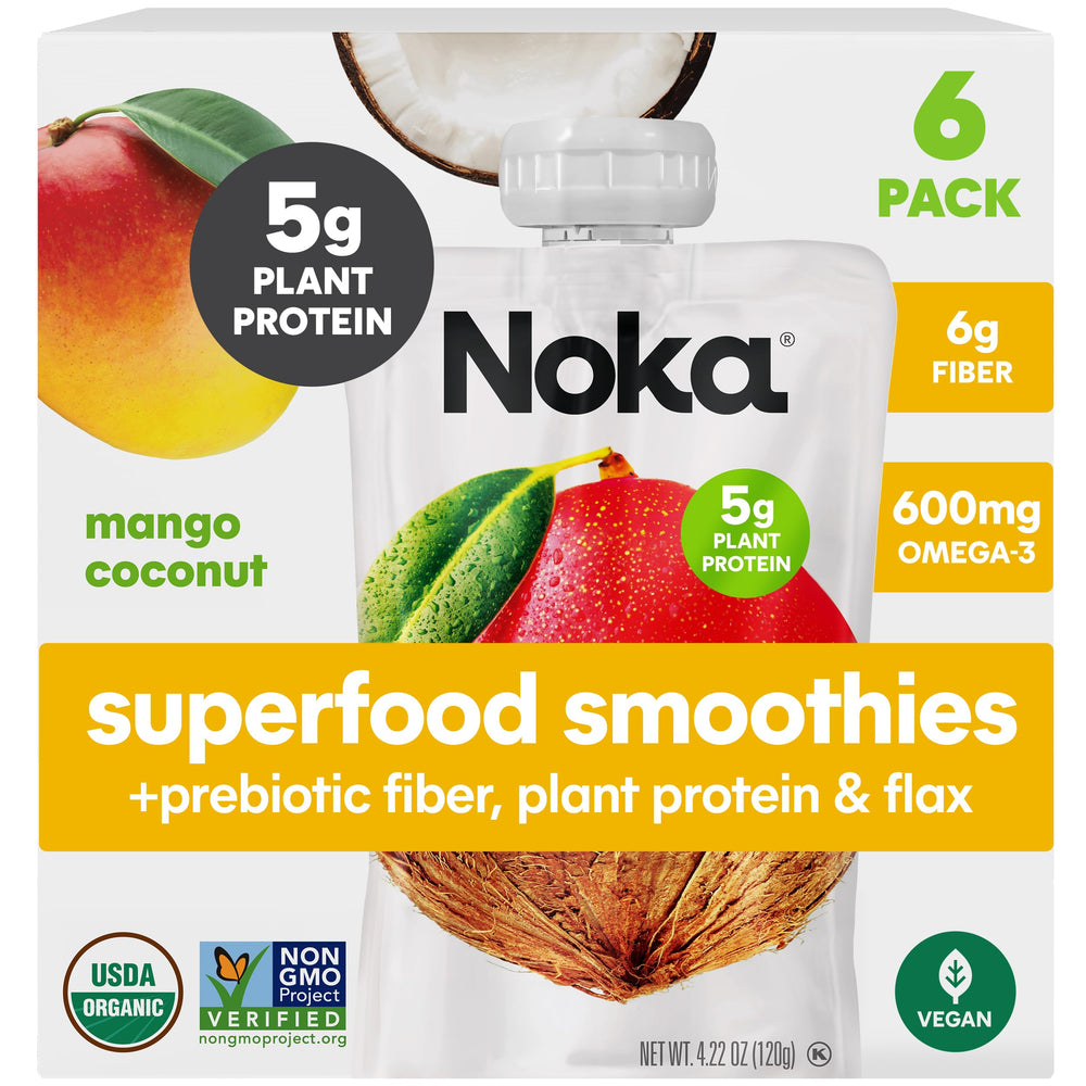 NOKA front packaging showing mango coconut pouches and benefits