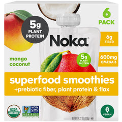 NOKA front packaging showing mango coconut pouches and benefits