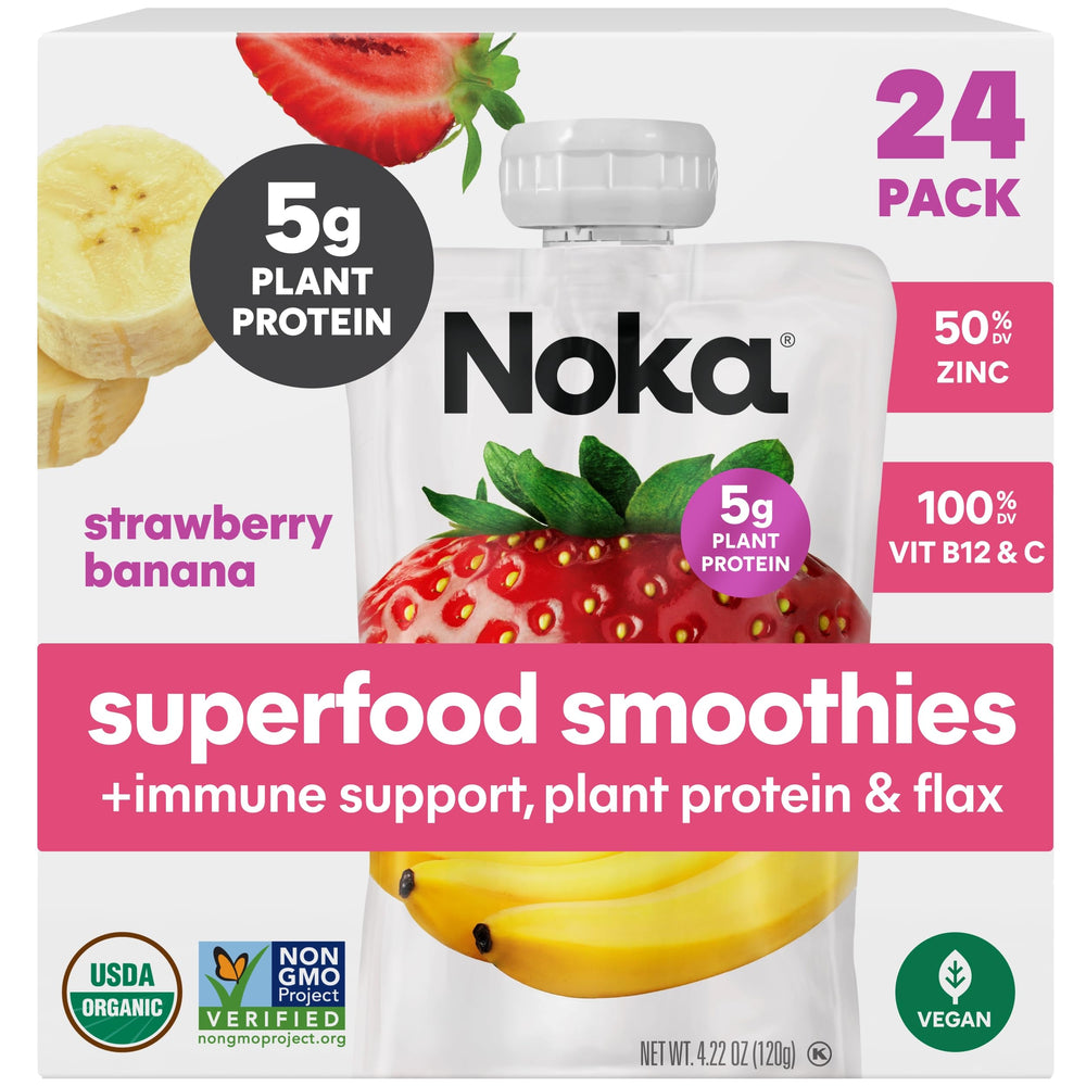 NOKA front packaging showing strawberry banana pouches and benefits
