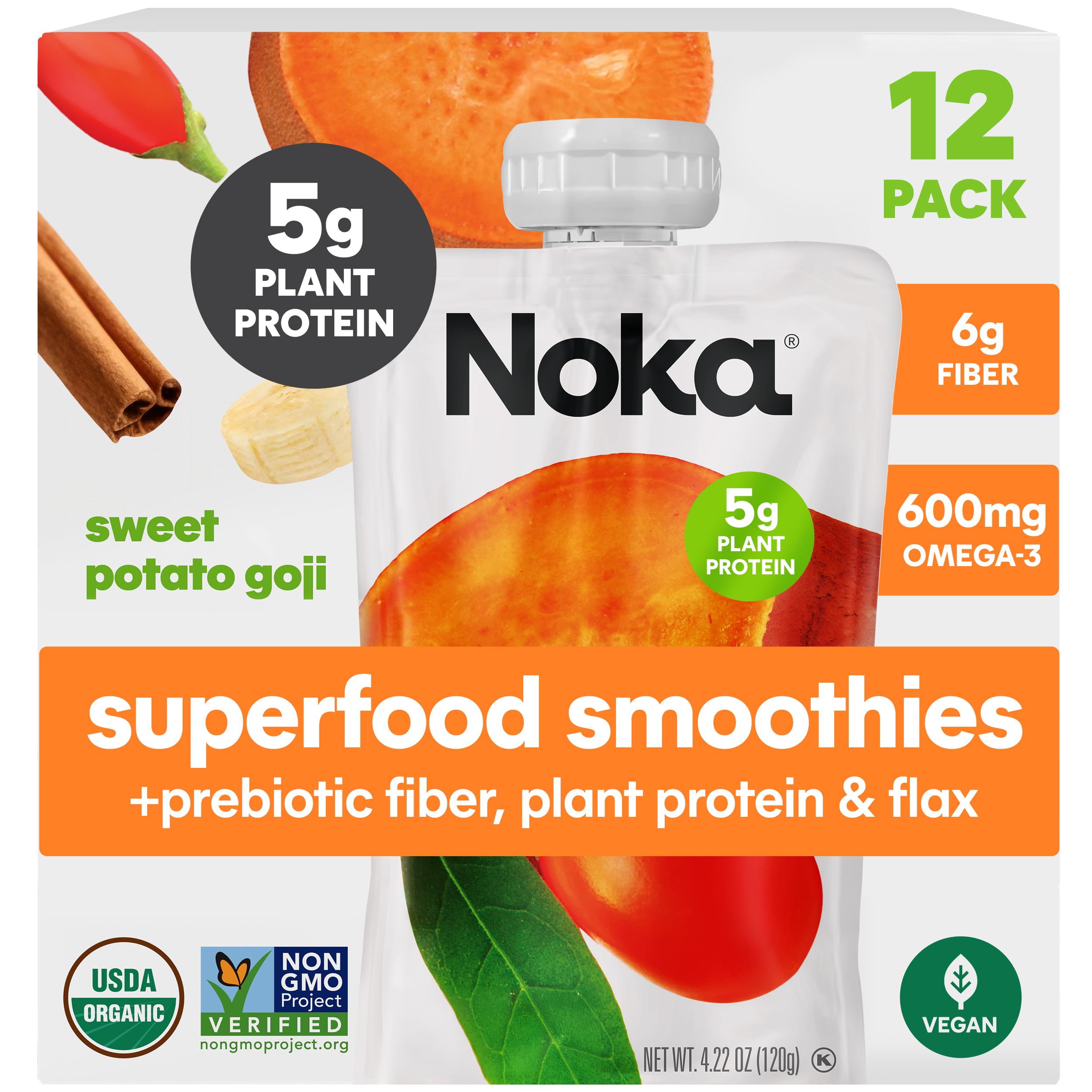 NOKA front packaging showing Sweet Potato Goji 12-pack and convenience