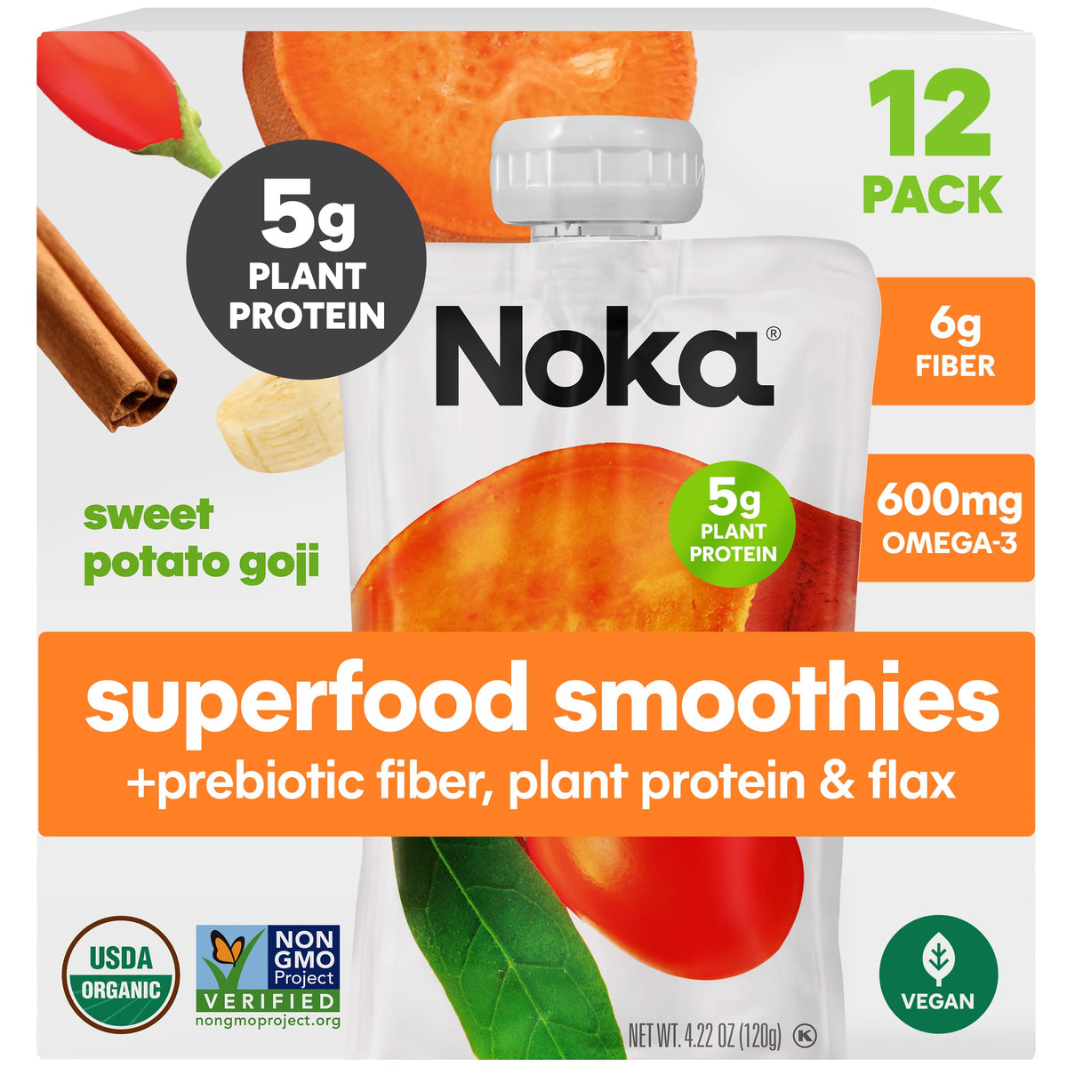 NOKA front packaging showing Sweet Potato Goji 12-pack and convenience