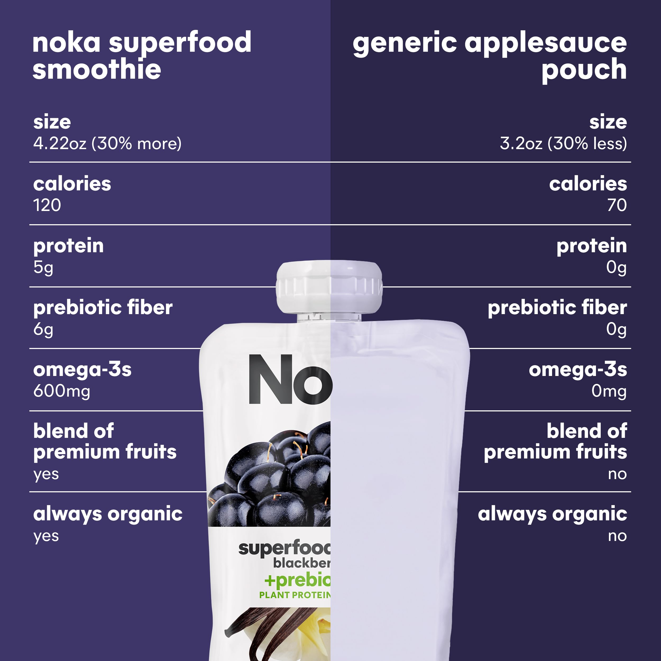 NOKA arranged organic ingredients showing blackberries, banana, and flax benefits