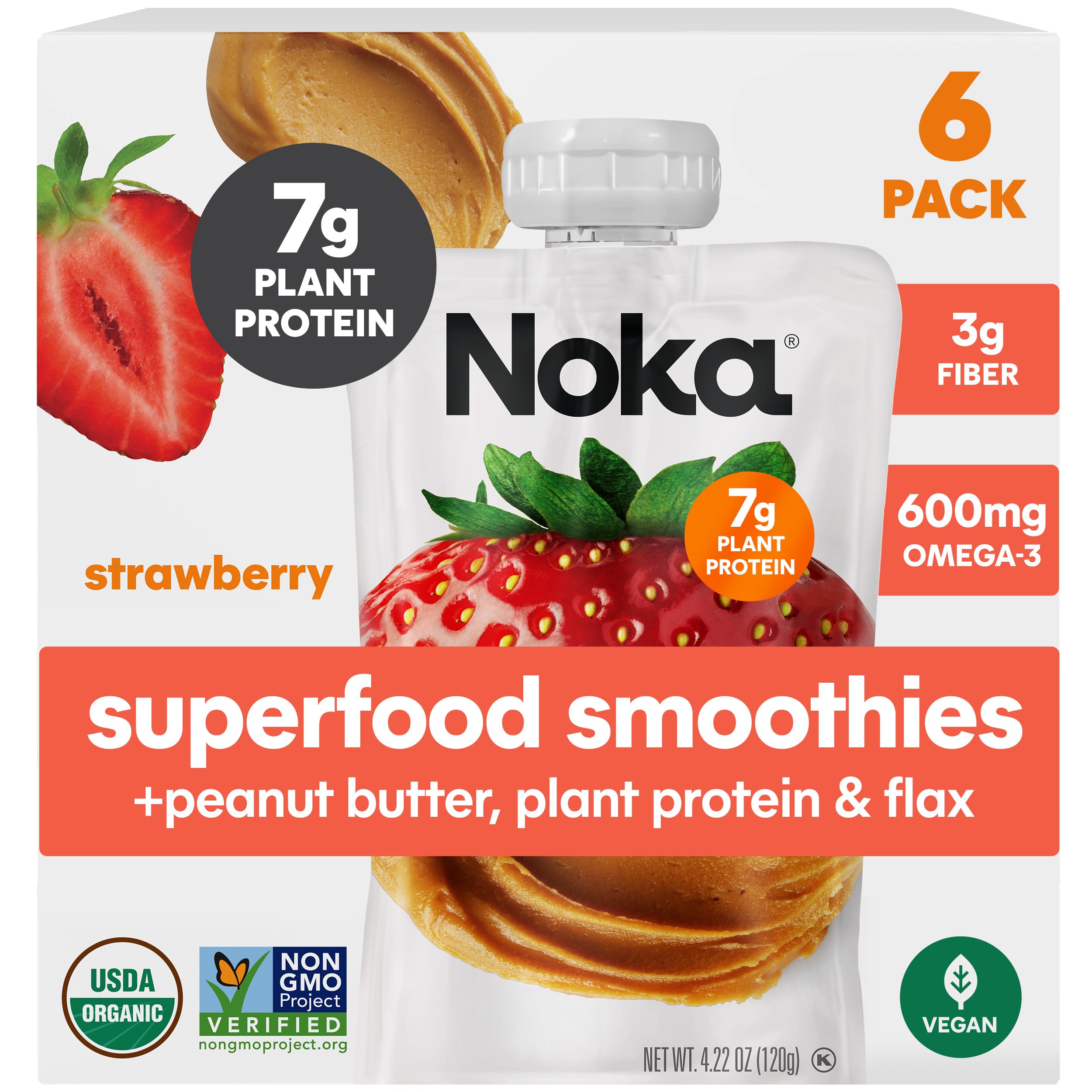 NOKA front packaging showing six Strawberry Peanut Butter pouches and convenience